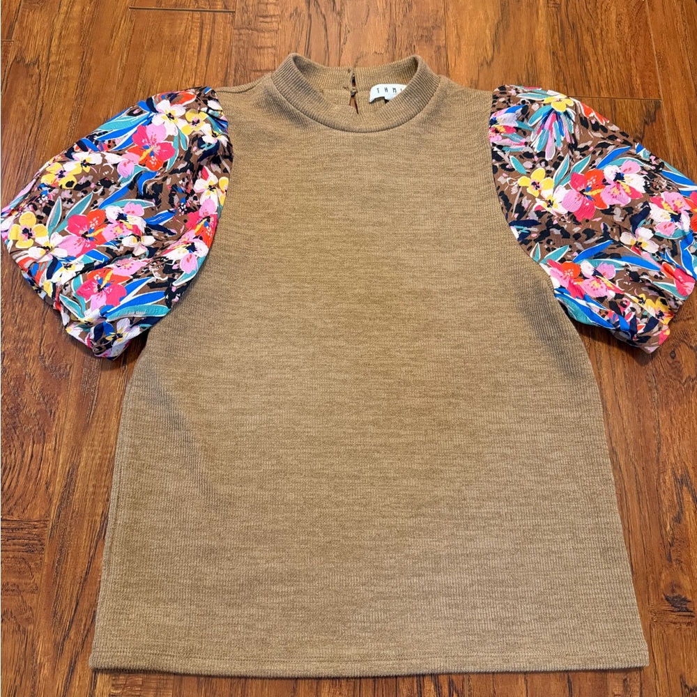 THML Tan Top with Colorful Floral Sleeves